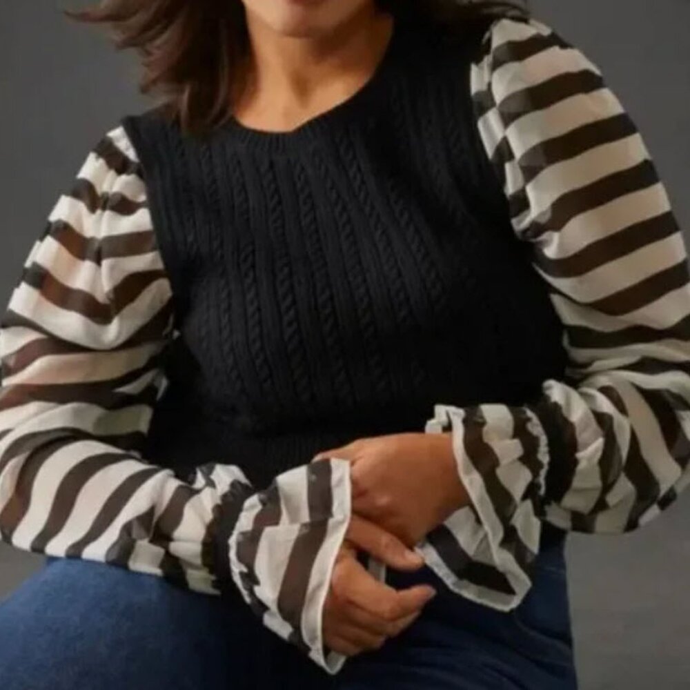 Maeve Anthropologie Black Sweater with Striped Black and White Sleeves. NWT - Picture 3 of 10